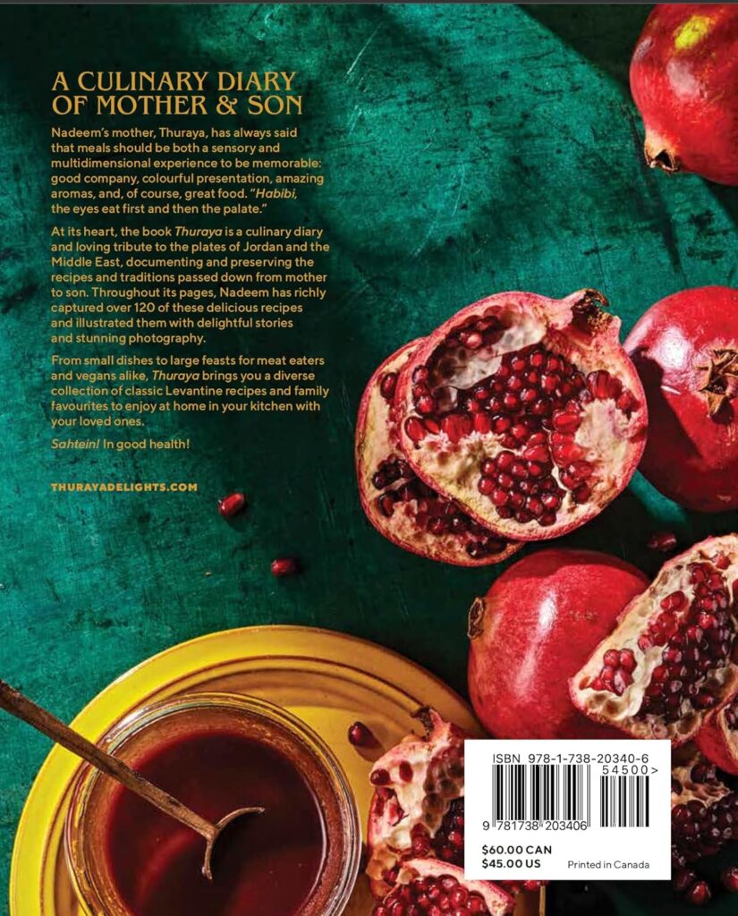 Back cover of the "Thuraya" middle eastern cookbook featuring a culinary story of a Jordanian mother and son