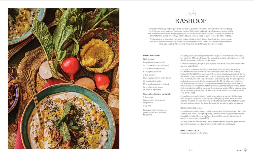 Thuraya cookbook Rashoof recipe page showing traditional Jordanian lentil and bulgur soup with ingredients list and cooking instructions