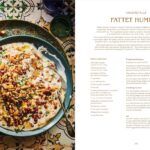 Thuraya Fattet Hummus recipe with chickpeas, yogurt, pine nuts on decorative plate with cooking instructions