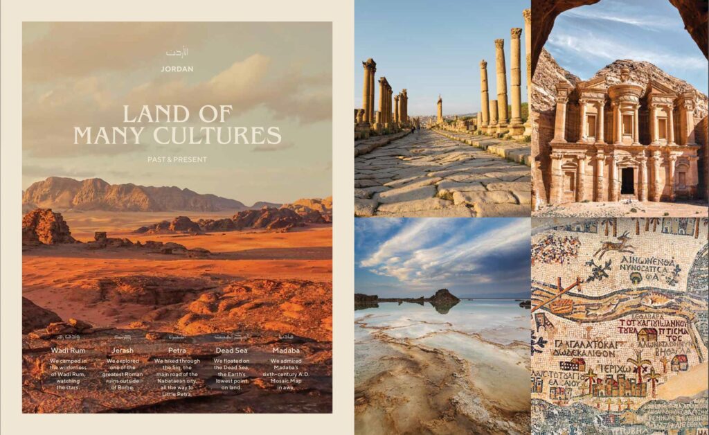 A collage of iconic Jordanian landmarks including Wadi Rum, Jerash, Petra, the Dead Sea, and Madaba mosaic map
