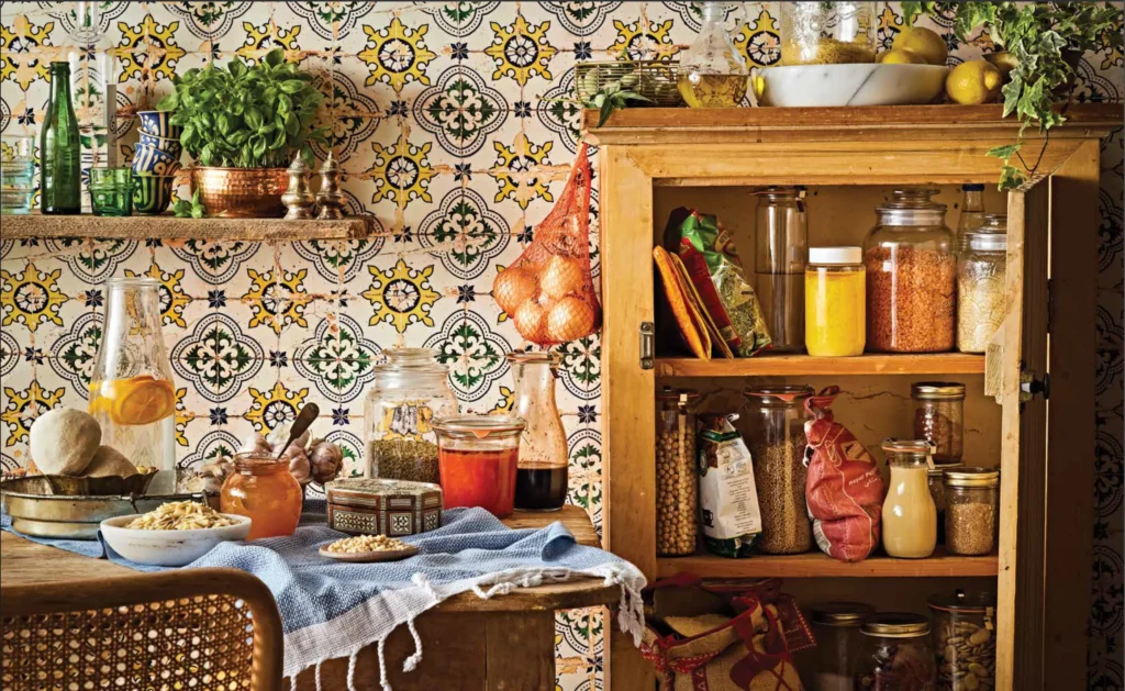 Traditional Middle Eastern kitchen with decorative tiles, wooden shelves filled with spices and grains in glass jars, fresh herbs, and authentic cookware