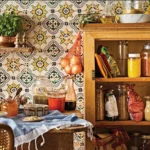Traditional Middle Eastern kitchen with decorative tiles, wooden shelves filled with spices and grains in glass jars, fresh herbs, and authentic cookware