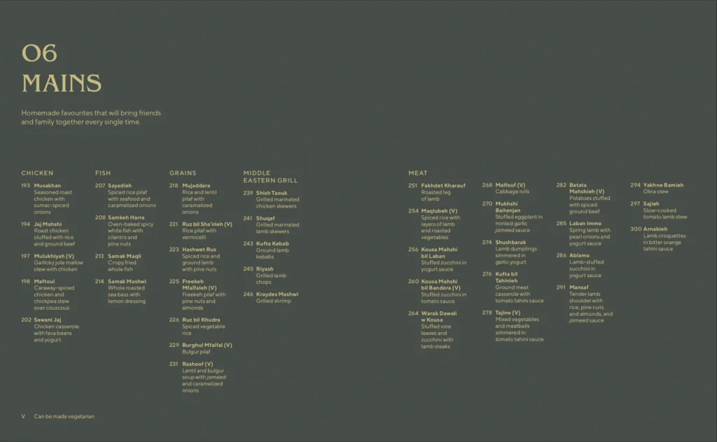 Thuraya cookbook mains chapter page showing Middle Eastern recipes organized by categories: chicken, fish, grains, middle eastern grill, and meat dishes